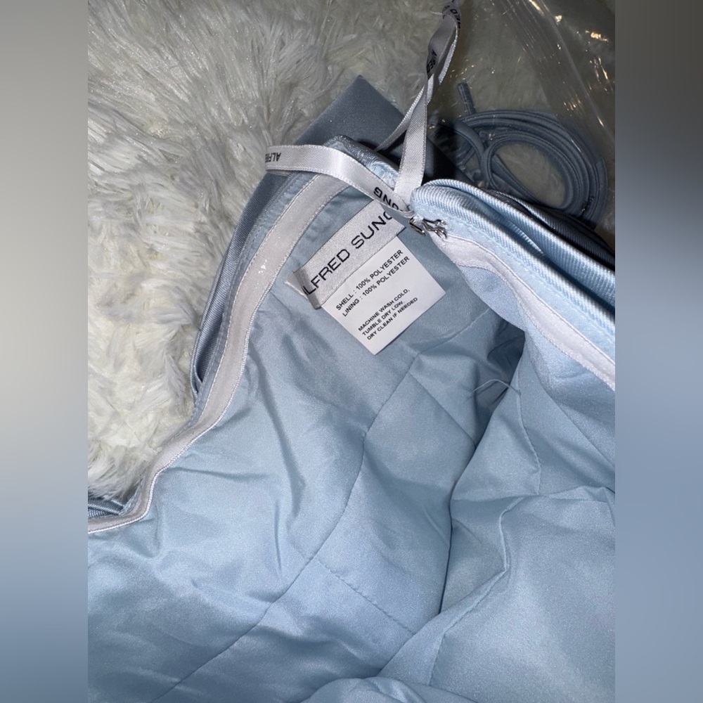 NWOT ALFRED SUNG Strapless Bow Back Satin Column Mist Gown Sz 4 - Picture 3 of 6